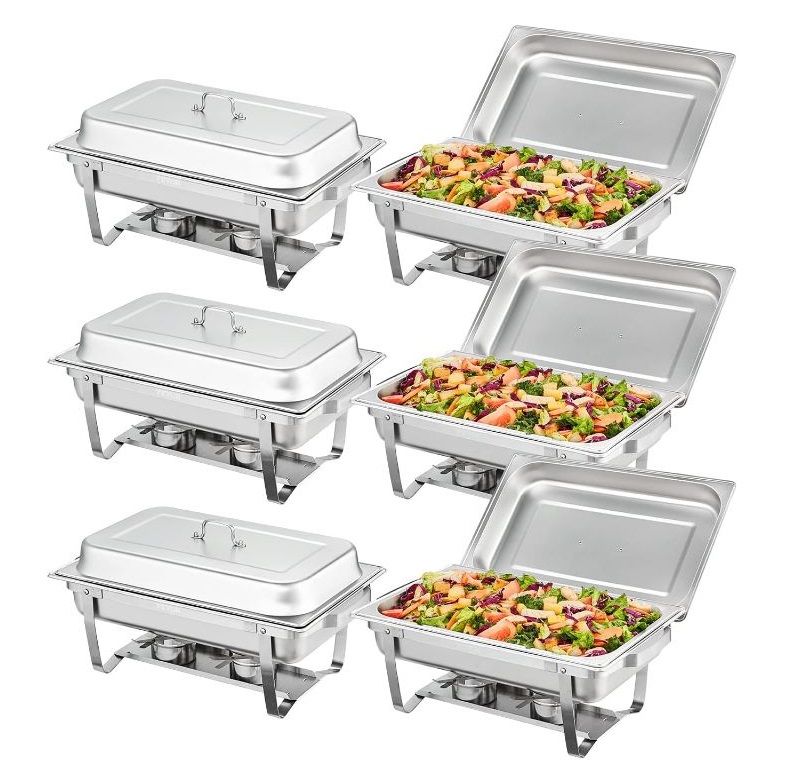 Photo 1 of Chafing Dish Buffet Set, 8 Qt 6 Pack, Stainless Chafer with 6 Full Size Pans, Rectangle Catering Warmer Server with Lid Water Pan Folding Stand Fuel Holder Tray Spoon Clip, at Least 8 People Each