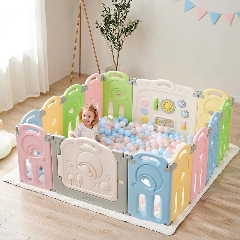 Photo 1 of Fortella Cloud Castle Foldable Playpen, Baby Safety Play Yard with Whiteboard and Activity Wall, Indoors or Outdoors (Multicolor 14 Panel)