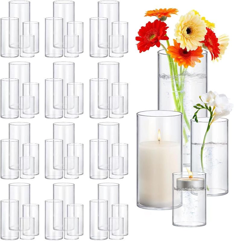 Photo 1 of 48 Pack Thick Glass Cylinder Vases 4,6,9,12 Inch Tall Clear Flower Vase Hurricane Floating Candle Holder for Table Centerpiece Wedding Home Decor