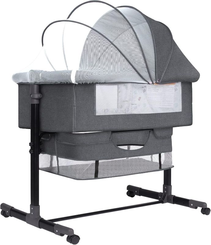 Photo 1 of Bassinet Bedside Sleeper, 3 in 1 Bedside Bassinet for Baby with Mosquito Nets and Wheels, Large Storage Bag, Heigt Adjustable, Easy Assemble