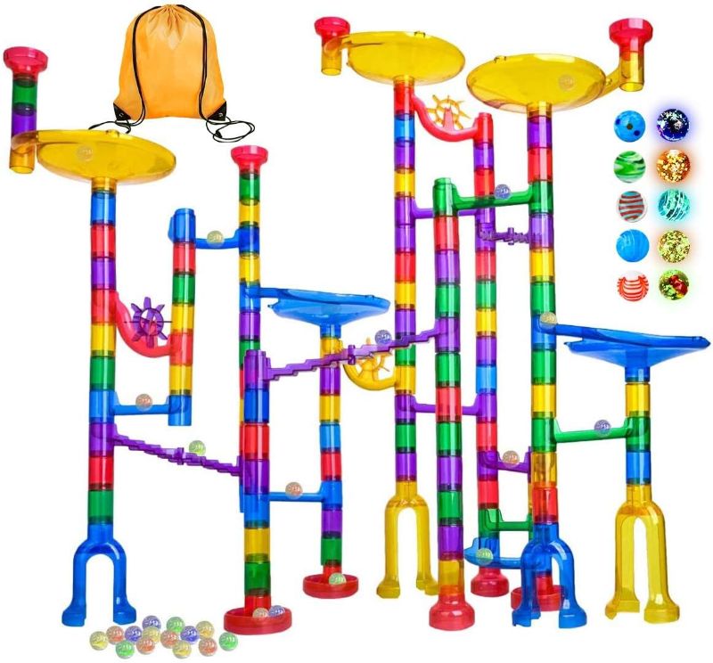 Photo 1 of Meland Marble Run - 132Pcs Marble Maze Game Building Toy for Kid, Marble Track Race Set & STEM Learning Toys for Boy Girl Age 3 4 5 6 7 8 9+ (102 Translucent Marbulous Pcs & 30 Glass Marbles)