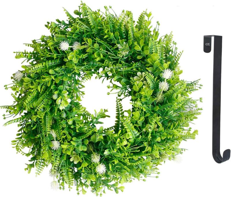 Photo 1 of Wreath for Front Door - 20" Artificial Green Farmhouse Wreaths + 15" Wreath Hanger for Front Door Wall Hanging Decor Greenery Wreath for All Seasons Decorating With LED lights 