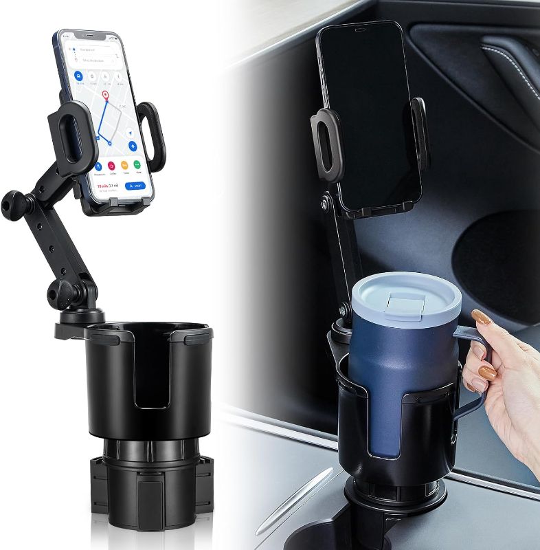 Photo 1 of Car Cup Holder Expander Adjustable Base with Phone Mount THIS HILL 360° Rotation Cup Holder Cell Phone Holder for Car Compatible with iPhone All Smartphones