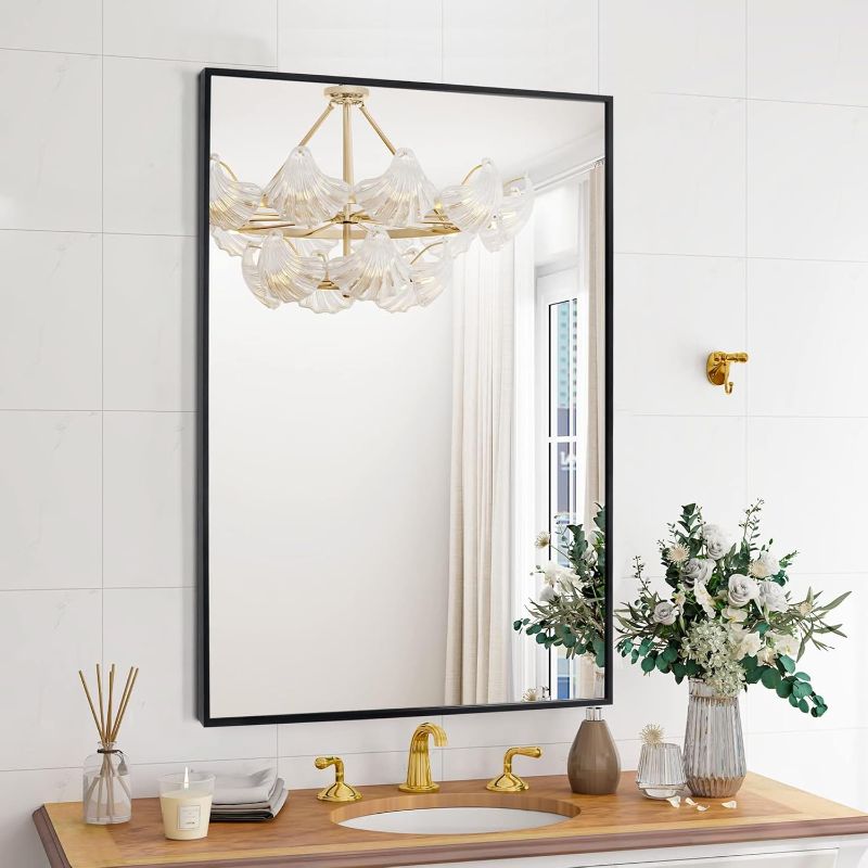 Photo 1 of Black Bathroom Vanity Mirror for Wall, 16X24 Inch Aluminum Framed Wall Mirror Rectangle, Modern Square Corner Bathroom Vanity Mirror for Bedroom, Living Room, Hangs Horizontally or Vertically