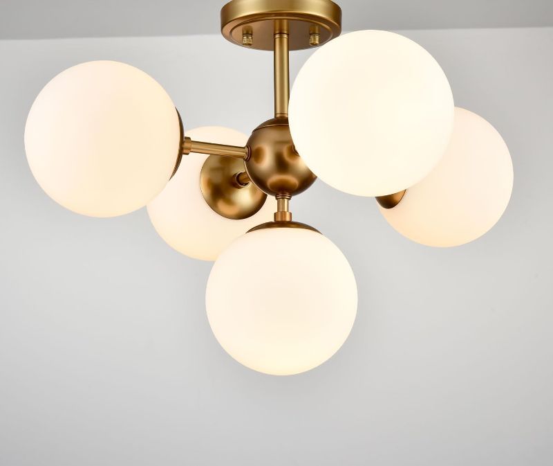 Photo 1 of DIRYZON Mid Century Modern 5-Light Semi Flush Mount Ceiling Light,Brass Sputnik Ceiling Light with Opal Globe Glass for Living Room Bedroom Hallway