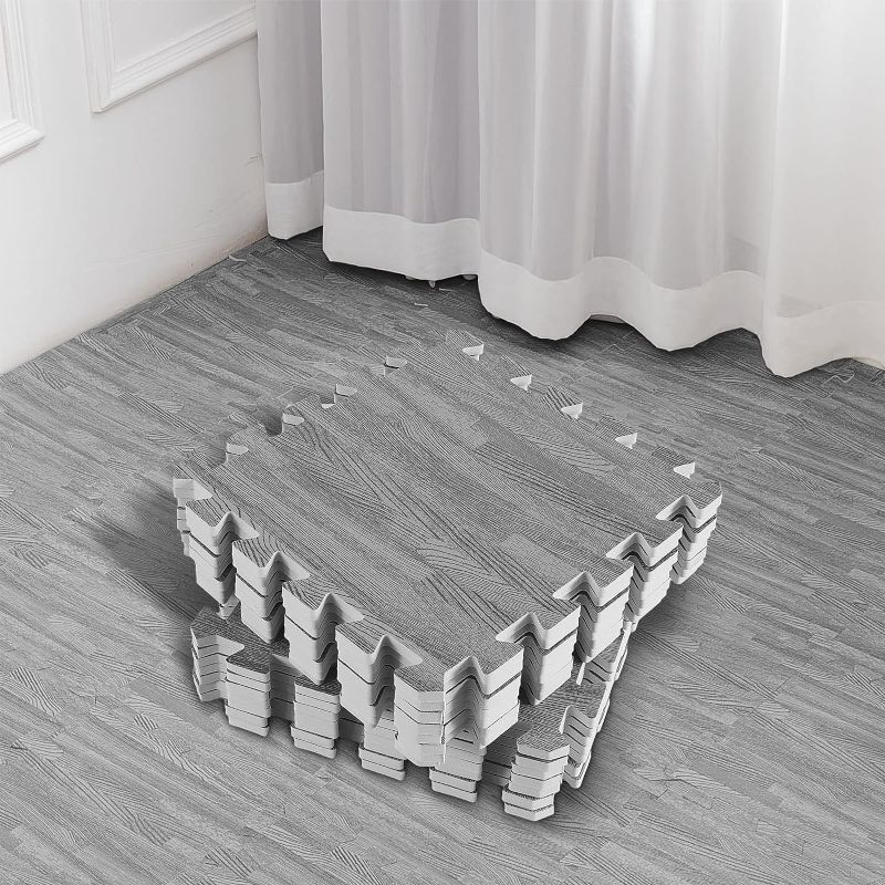 Photo 1 of 32 Pcs Wood Grain Mats Foam Tiles Interlocking Foam Floor Mats for Kids Adults Playroom Bedroom Farmhouse Flooring, 11.8 x 11.8 Inch(Gray)