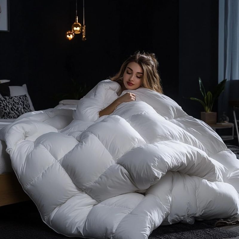 Photo 1 of C&W White Goose Down Comforter Queen Size, 90x90 inches, 50 oz Fill Weight, 750 Fill Power, 100% Cotton Cover, 3D Baffle Box, Highly Fluffy 90% Down, Winter Weight, White