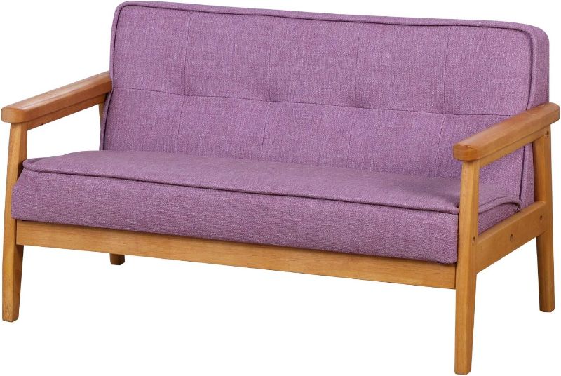 Photo 1 of Double Seater Kid Sofa Chair, Kid Couch with Solid Wood Arm and Linen Pattern PVC for Kids Rest (light purple)