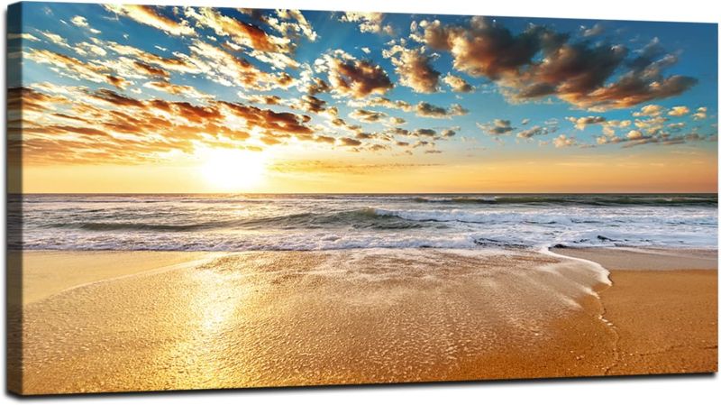 Photo 1 of Baisuwallart Wall Art Decor Large Canvas Print Picture Beautiful Sunset 1 Panel Ocean Beach Waves Scenery Painting Artwork for Office Wall Decor Home Decoration Stretched and Framed Ready to Hang