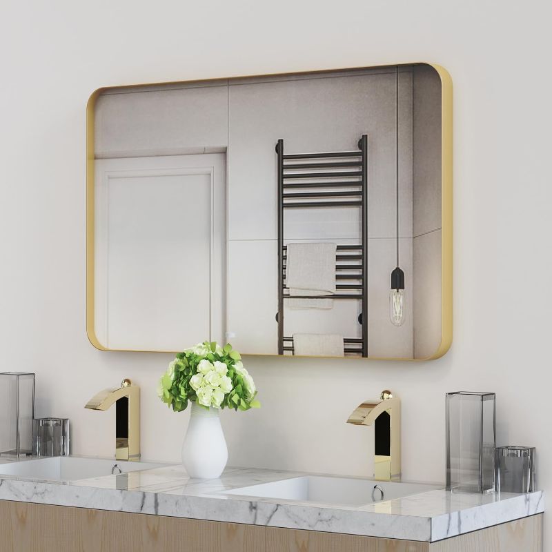 Photo 1 of Gold Bathroom Mirror for Wall, 40 x 30 Inch Metal Framed Rounded Rectangle Vanity Mirror Modern Farmhouse, 1/4-inch Shatterproof Glass | Ultra-Flush Hanging