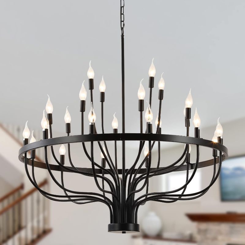 Photo 1 of Black Farmhouse Chandelier 24 Light, Large Modern Candle Industrial Round Iron Chandeliers Wagon Wheel Chandelier 39 inch for Dining Room Living Room High Ceilings Foyer Entryway