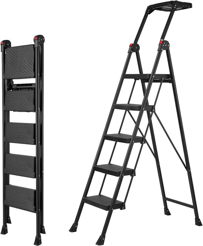 Photo 1 of 5 Step Ladder, Foldable Handrail & Tool Tray Stool Ladders with Anti-Slip Wide Pedal, 660 lbs Sturdy Steel Ladder for Home Kitchen and Outdoor, Black