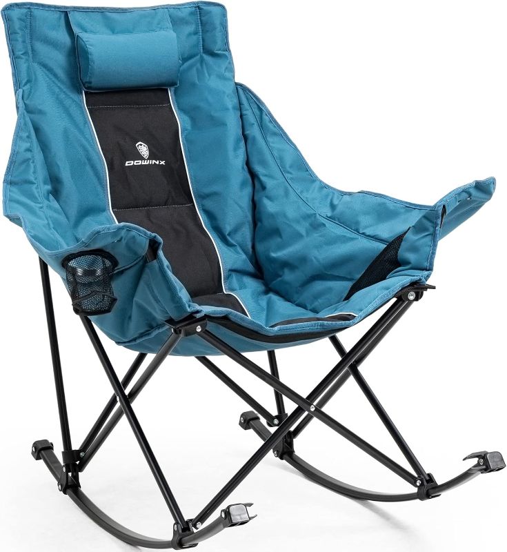 Photo 1 of Dowinx Oversized Rocking Camping Chair, Fully Padded Patio Chair with Side Pocket and Carry Bag, High Back Portable Lawn Recliner with Headrest, Support 300 lbs, Blue