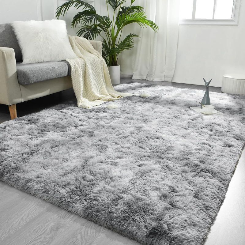 Photo 1 of 9x12 Feet Large Area Rugs for Living Room, Tie-Dyed Light Grey Shaggy Rug Fluffy Throw Carpets, Ultra Soft Plush Modern Indoor Fuzzy Rugs for Bedroom Girls Kids Nursery Room Dorm Home Decor