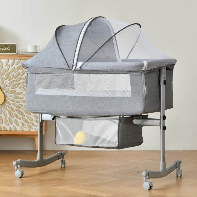 Photo 1 of Bedside Crib for Baby, 3 in 1 Bassinet with Large Curvature Cradle, Bedside Sleeper Adjustable and Movable Beside Bassinet with Mosquito Nets, Safety Certificattion Guarantee, Bassinet Bedding Sets