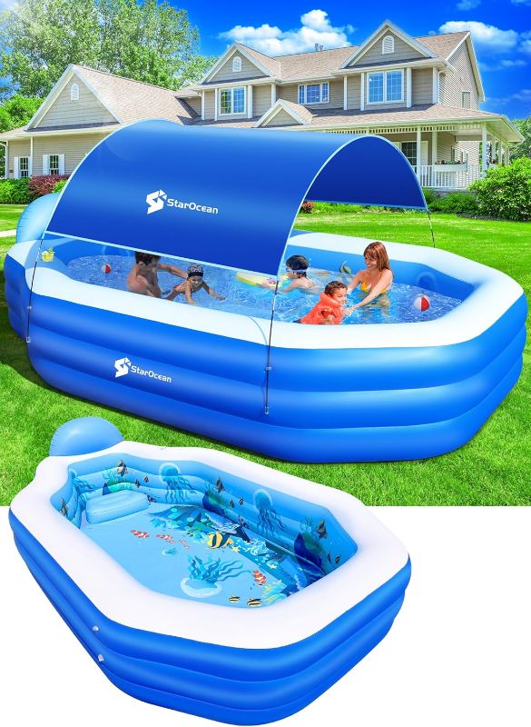 Photo 1 of Inflatable Pool with Canopy,2024 Large Inflatable Swimming Pool for Kids,Adult, BlowUp Pool With Seats,Backrest.Durable Thickened 125"x75"x25"Inflatable Family Pool for Backyard,Outdoor-Blue