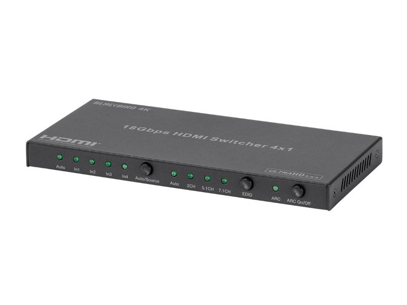 Photo 1 of Monoprice Blackbird 4K HDMI Switch, 4x1, HDR, 18G, 4K@60Hz, YCbCr 4:4:4, HDCP 2.2, Toslink and Analog Audio Extractor