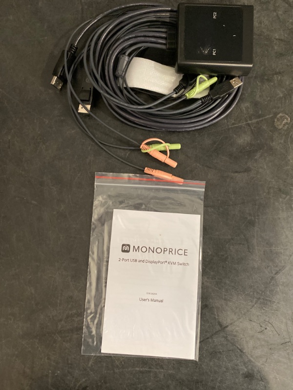 Photo 1 of Monoprice 2-Port USB DisplayPort Cable KVM Switch, 4096x2160@30Hz With Remote Port Selector, Supports Microphone And Speakers