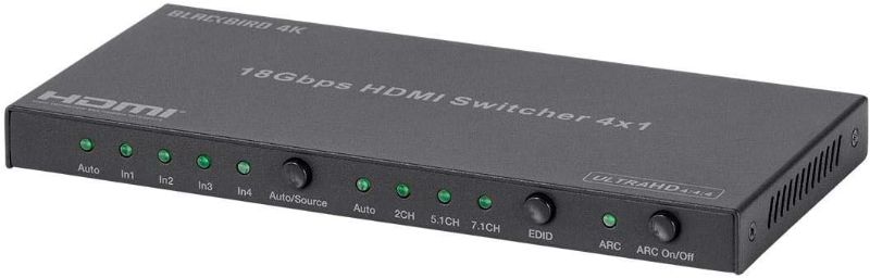 Photo 1 of Monoprice 4K HDMI Switch, 4x1, HDR, 18G, 4K@60Hz, 1080p@60Hz, YCbCr 4:4:4, HDCP 2.2, Dual ARC, Toslink and Analog Audio Extractor, Bidirectional IR Pass-Through - Blackbird Series