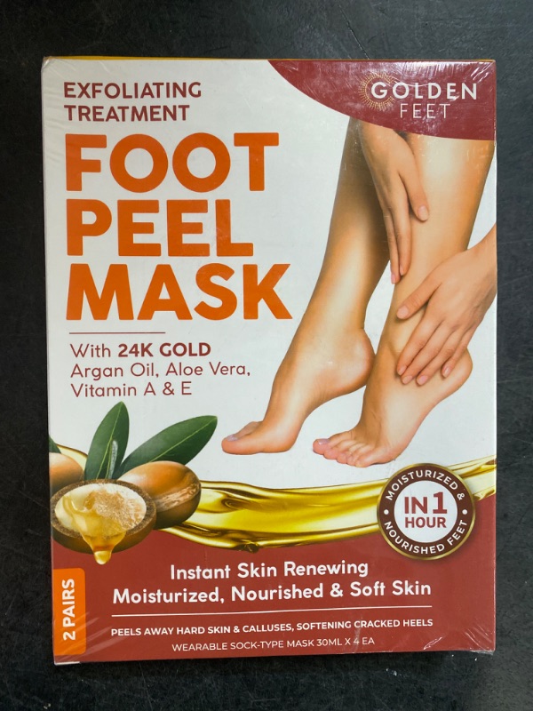 Photo 2 of 24K Gold Foot Peel Mask - Argan Oil, Aloe Vera, Vitamin A & E Exfoliating Masks - Baby Soft Peeling Socks - for Dead Skin & Dry Feet - Cracked Heels & Rough Calluses Remover - Smooth Foot Repair