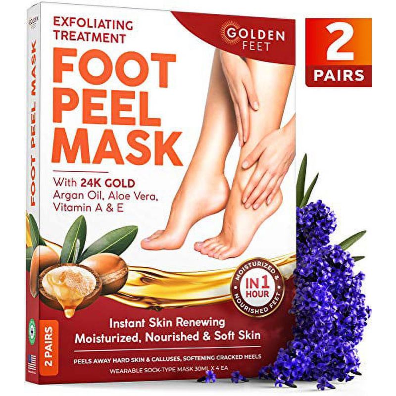 Photo 1 of 24K Gold Foot Peel Mask - Argan Oil, Aloe Vera, Vitamin A & E Exfoliating Masks - Baby Soft Peeling Socks - for Dead Skin & Dry Feet - Cracked Heels & Rough Calluses Remover - Smooth Foot Repair