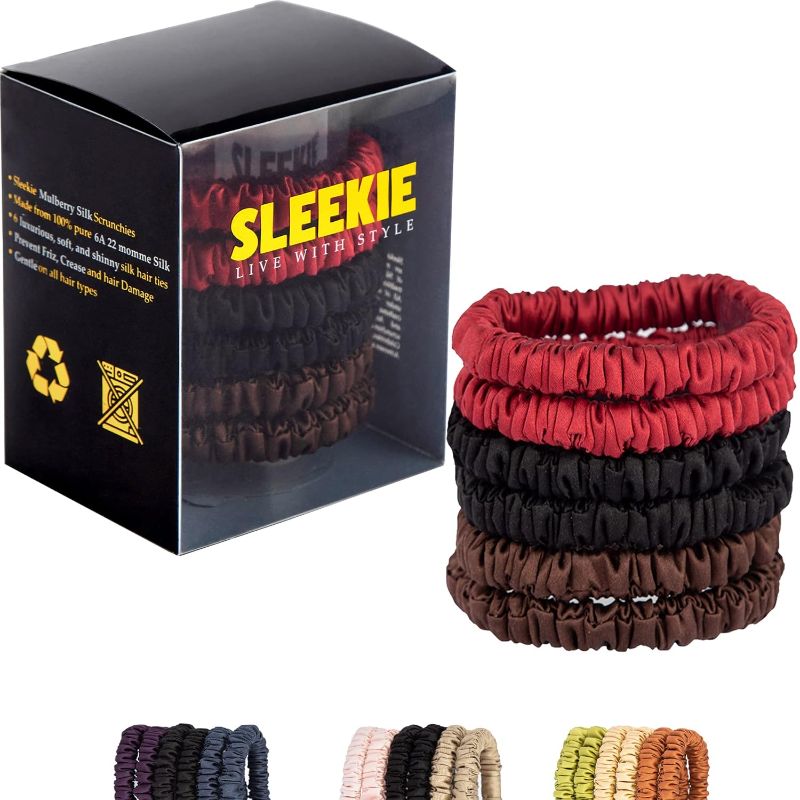 Photo 1 of Sleekie Mulberry Silk Scrunchies for Hair 100% Pure 6A 22 Momme - 6 pcs Silk Hair Ties Prevent Tangles, Breakage & Ensure Your Hair Remains Healthy & Undamaged While Styling - Gentle On All Hair Types