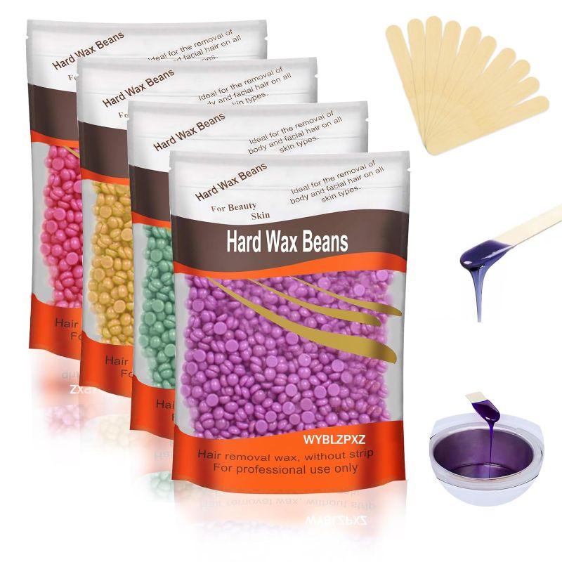 Photo 1 of 4 Colors 2 Each Hard Wax Beads for Hair Removal,Gentle Hard Wax Kit with 10 Applicator Sticks,Peel-Off Waxing Beads for Facial and Full Body