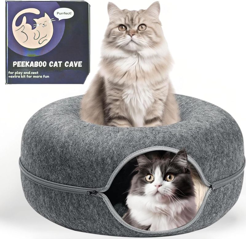 Photo 1 of Cat Cave Donut Bed for Indoor Cats 9 to 30Lbs – Cat Tunnels for Indoor Cats, Cat Tunnel Bed, Scratch Resistant, Detachable & Washable Cat Donut Tunnel (Dark Gray, Large)