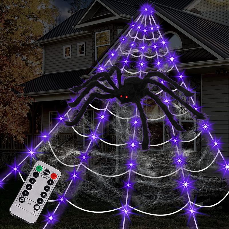 Photo 1 of Spider Web Halloween Decorations Outdoor Lights, 125 Purple LED Light Up 16.4Ft Giant Spiderweb & 6.5Ft Large Spider & 22 Small Spiders & 20g Stretch Cobweb, 8 Modes Lighted Decor for Yard Outside