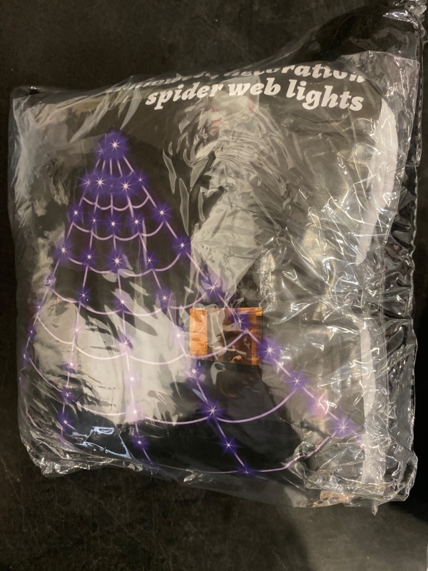 Photo 2 of Spider Web Halloween Decorations Outdoor Lights, 125 Purple LED Light Up 16.4Ft Giant Spiderweb & 6.5Ft Large Spider & 22 Small Spiders & 20g Stretch Cobweb, 8 Modes Lighted Decor for Yard Outside