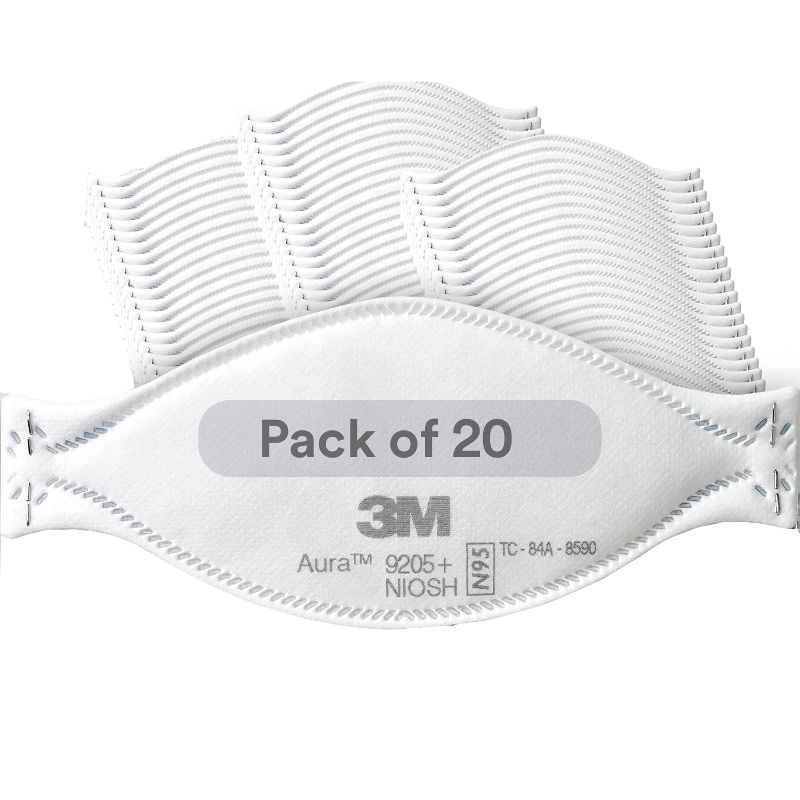 Photo 1 of 3M Aura Particulate Respirator 9205+, N95, Pack of 20 Disposable Respirators, Individually Wrapped, 3 Panel Flat Fold Design Allows for Facial Movements, Comfortable, NIOSH Approved, Smoke