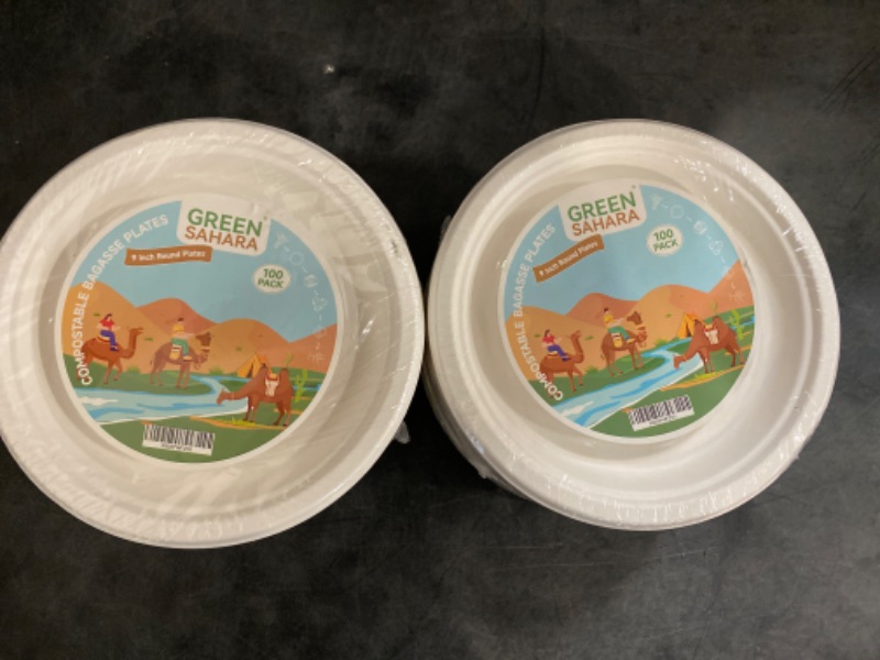 Photo 2 of GREEN SAHARA 9 Inch Paper Plates [100-Pack] Disposable Party Plates I Heavy Duty Eco-Friendly Paper Pulp Plates I 100% compostable Biodegradable Sugarcane Eco Plates 2 Count