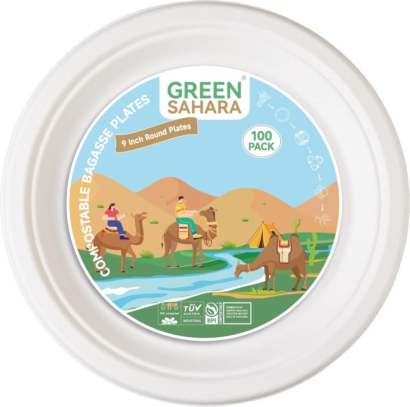 Photo 1 of GREEN SAHARA 9 Inch Paper Plates [100-Pack] Disposable Party Plates I Heavy Duty Eco-Friendly Paper Pulp Plates I 100% compostable Biodegradable Sugarcane Eco Plates 2 Count