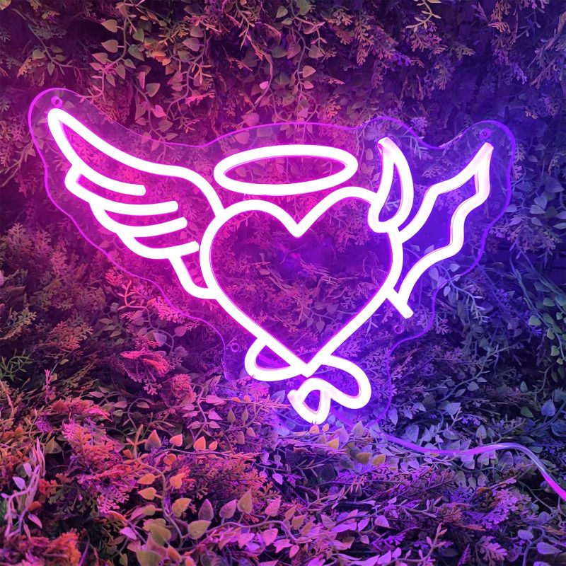 Photo 1 of Heart Neon Sign for Wall Decor,Led Signs,Heart Shape Decoration Neon Lights for School Class Party Family Wall Decor Custom Cute Angel Demon Neon Signs Birthday Wedding Party 40 CM x 26 CM