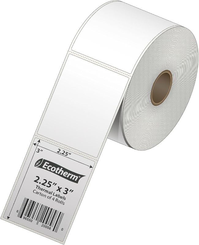 Photo 1 of 2.25" x 3" Thermal Labels | 4 Rolls | 2100 Labels | fits Zebra, Munbyn, Rollo, Godex, Arkscan, iDPRT, Offnova Thermal Label Printers and More | Blank White Adhesive Stickers by Ecotherm