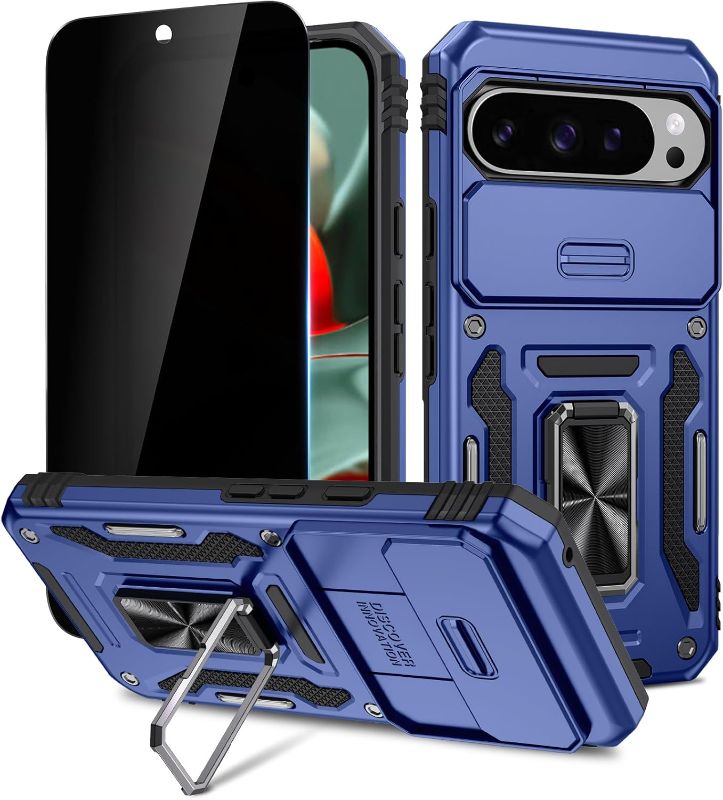 Photo 1 of Case Google Pixel 9 Pro XL with Stand, Built-in 360°Rotating Kickstand & Tempered Glass Privacy Screen Protector Shockproof Protective Case for Pixel 9 Pro XL 6.8 Inch, Navy Blue