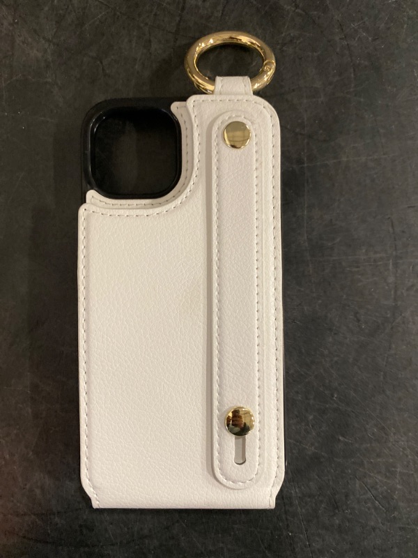 Photo 1 of iPhone 13/14 Wallet Case with Card Holder, Hand Wrist Strap Loop Holder Kickstand, RFID Blocking Finger Grip Ring PU Leather Double Buttons Shockproof Cover 6.1" White