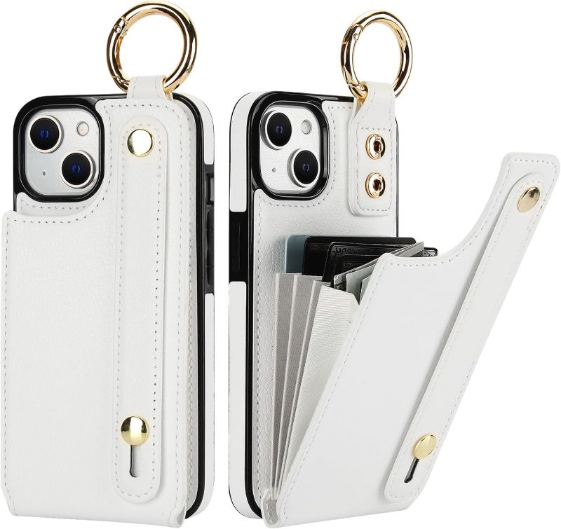 Photo 1 of iPhone 13/14 Wallet Case with Card Holder, Hand Wrist Strap Loop Holder Kickstand, RFID Blocking Finger Grip Ring PU Leather Double Buttons Shockproof Cover 6.1" White