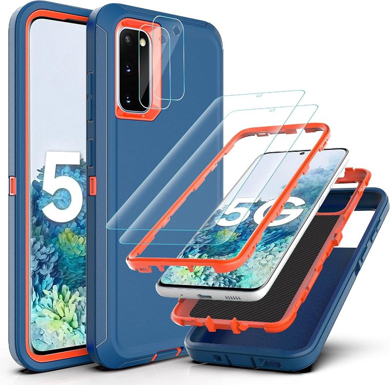 Photo 1 of Galaxy S20 Case with Self Healing Flexible TPU Film[2 Pack] and Camera Lens Screen Protective Film[2 Pack], 3-in-1 Heavy Protection Rubber Cover for Samsung Galaxy S20 5G-Blue and Orange