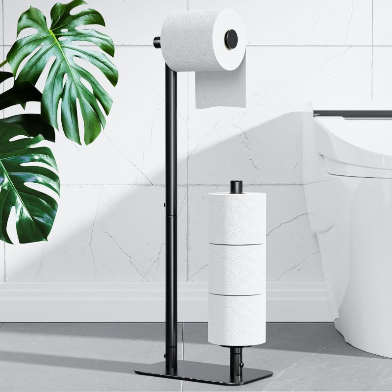 Photo 1 of Kitsure Toilet Paper Holder Free Standing - Large Capacity Toilet Paper Holder for 4 Rolls, Rustproof Toilet Paper Stand with Non-Slip Stable Base, Black, 24.4"x9.3"x5.5"