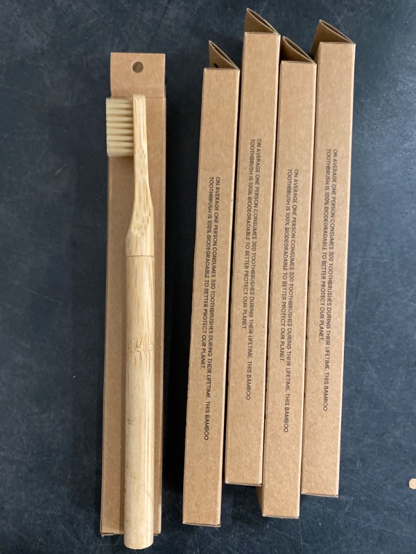 Photo 2 of Natural Bristle Bamboo Toothbrush for Kids (NO Nylon - Boar Hair ONLY) - Totally Compostable & Biodegradable Boar Bristle and Bamboo Toothbrushes - Zero Waste - 5-Pack