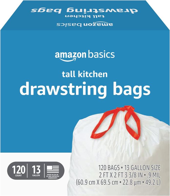 Photo 1 of Amazon Basics Tall Kitchen Drawstring Trash Bags, 13 Gallon, 120 Count, Pack of 1