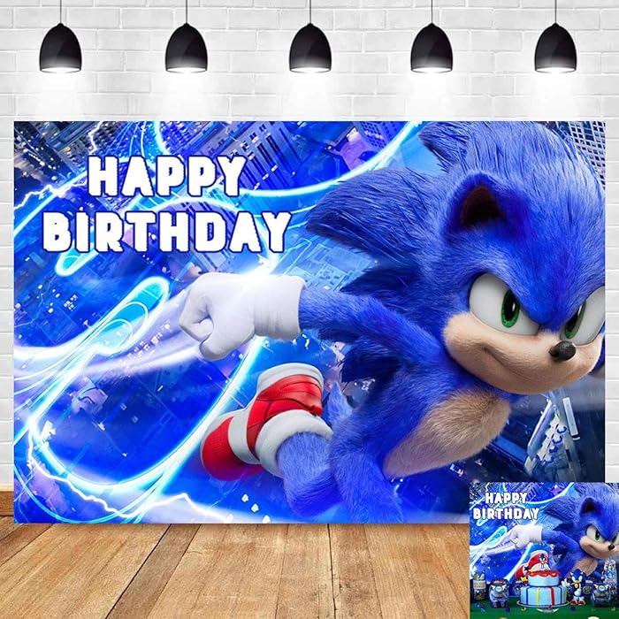 Photo 1 of Blue Sonic Hedgehog Happy Birthday Themed Photography Backdrop 5x3ft Sonic Boom Superhero Kids 1st Birthday Party Photo Background Baby Shower Decor Backdrops Cake Table Banner Studio Booth