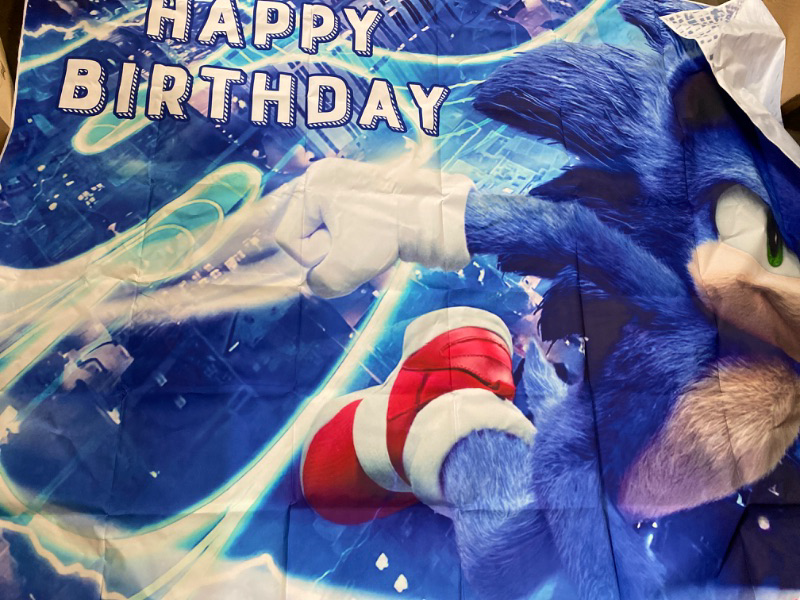 Photo 2 of Blue Sonic Hedgehog Happy Birthday Themed Photography Backdrop 5x3ft Sonic Boom Superhero Kids 1st Birthday Party Photo Background Baby Shower Decor Backdrops Cake Table Banner Studio Booth