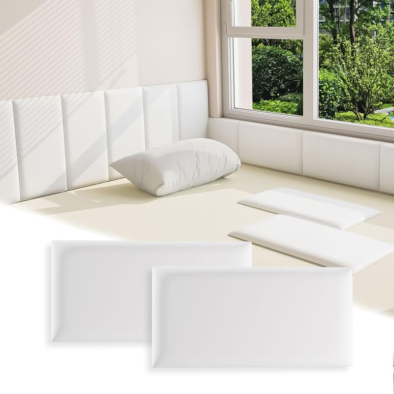 Photo 1 of 3D Anti-Collision Wall Padding for Kids, White Peel and Stick headboard Pack of 4 Panels Sized 7.8" x 15.7", Self-Adhesive headboard Panels for Wall, Bedroom/Living Room Upholstered Wall Panel