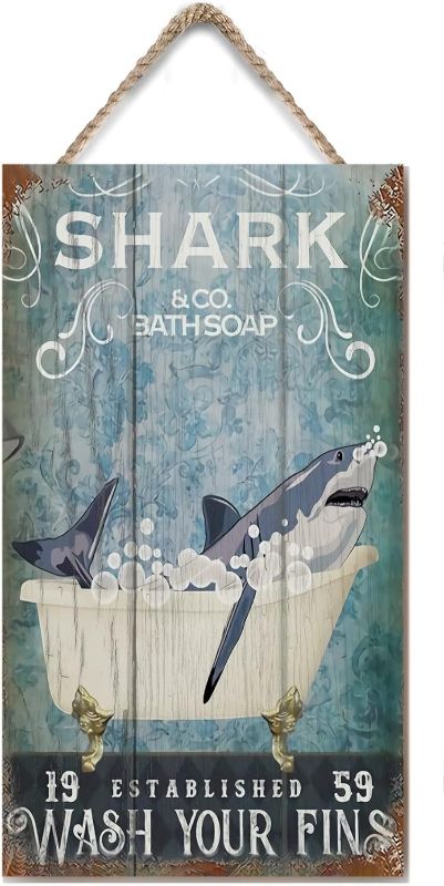 Photo 1 of Vintage Wooden Wall Sign Shark & Co Bath Soap Wash Your Fins Shark Hanging Sign Funny Shark Bathroom Decor Shark Lover Gift Bathroom Hanging Wood Sign Plaque Wall Hanging Art Home Decor 6x12 Inch