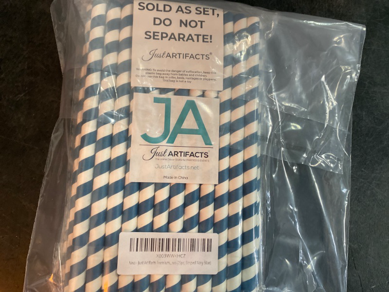 Photo 1 of Just Artifacts Premium Boba and Milkshake Paper Straws (25pc, Striped Navy Blue) 2 Count