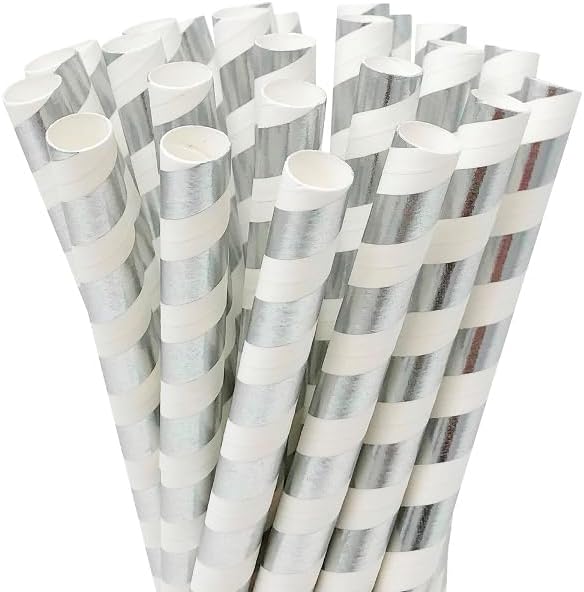 Photo 1 of Just Artifacts Premium Boba and Milkshake Paper Straws (25pc, Striped Metallic Silver) 2 Count