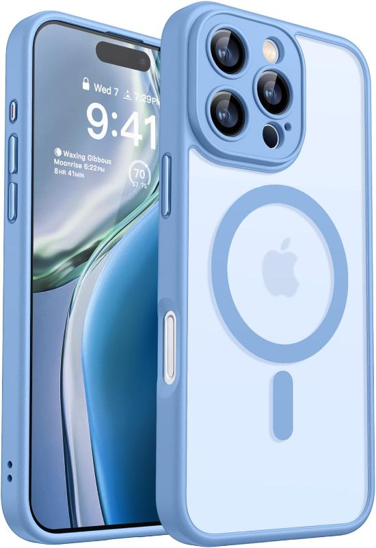 Photo 1 of Magnetic Compatible with iPhone 16 Pro Case, Upgraded [Full Camera Protection] [Compatible with Magsafe] [Translucent Matte] Shockproof Protective Phone Case Cover 6.3 Inch - Light Blue