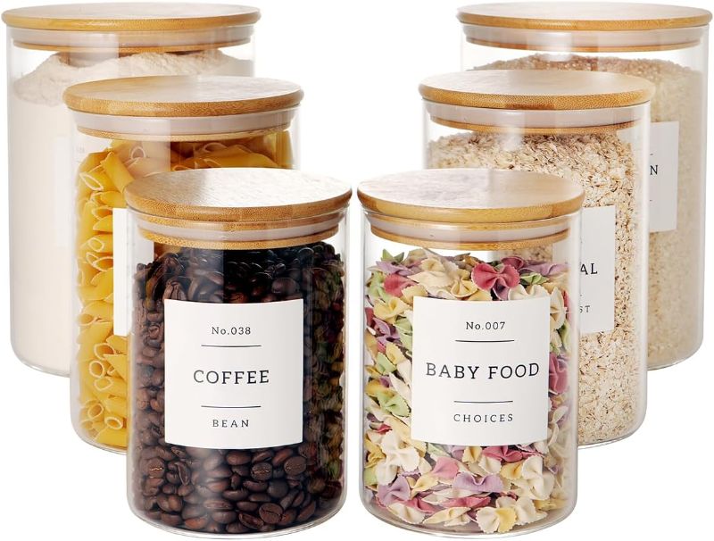 Photo 1 of Set of 6 Glass Flour and Sugar jars with 132 Kitchen Pantry Labels - Thicken Large Glass Storage containers with Airtight Bamboo Lid - Glass Rice Canisters for Salt Coffee(100OZ/54OZ/27OZ)